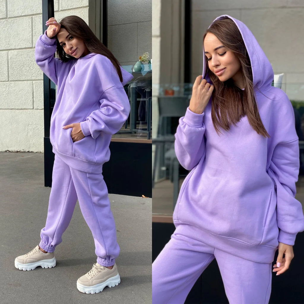 Women Fleece Two Piece Sets Elegant Solid Color Oversized Warm Hoodies and Long Pant