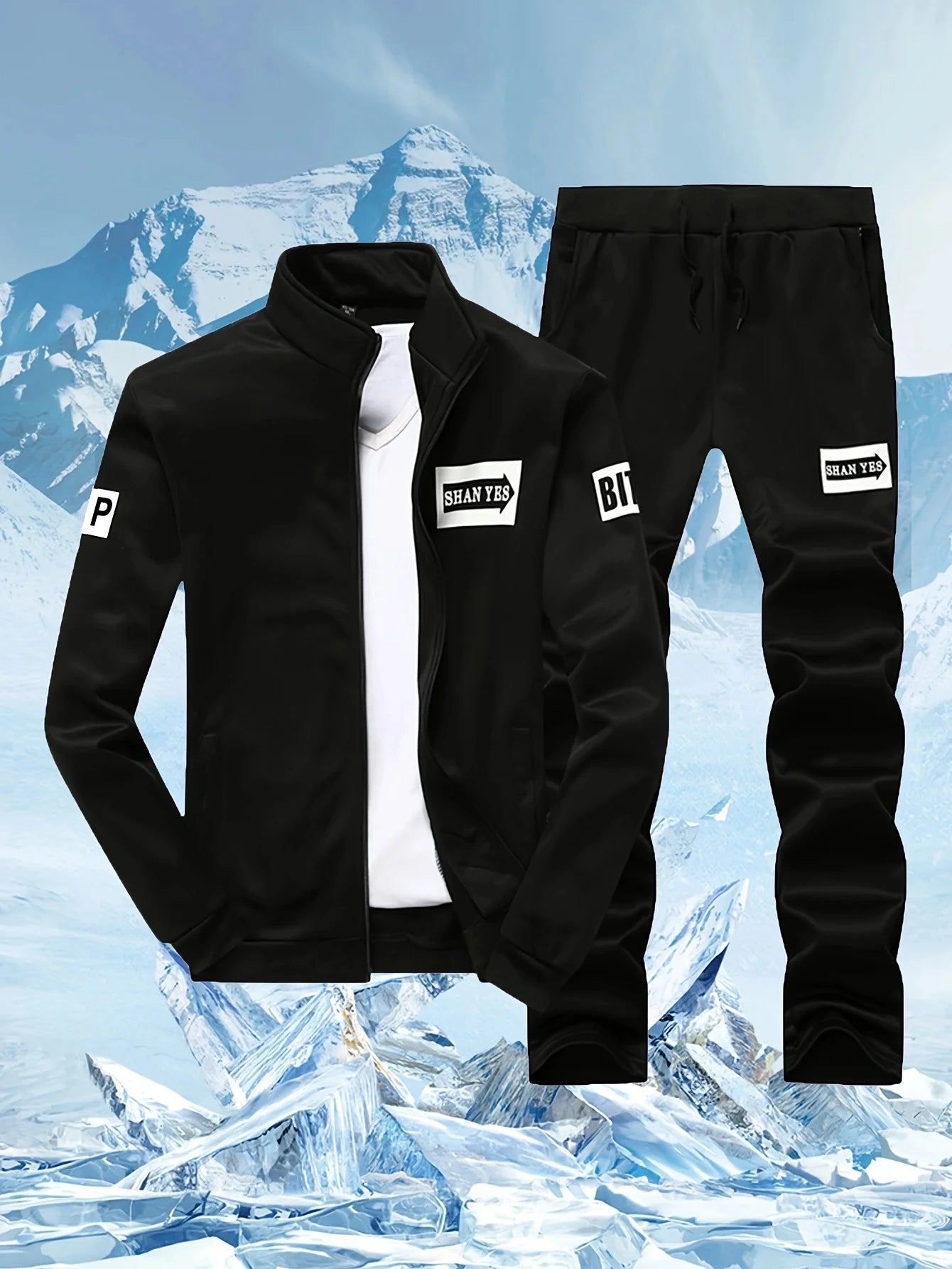 Printed Letter Reversible Collar Casual Sport Jacket Set