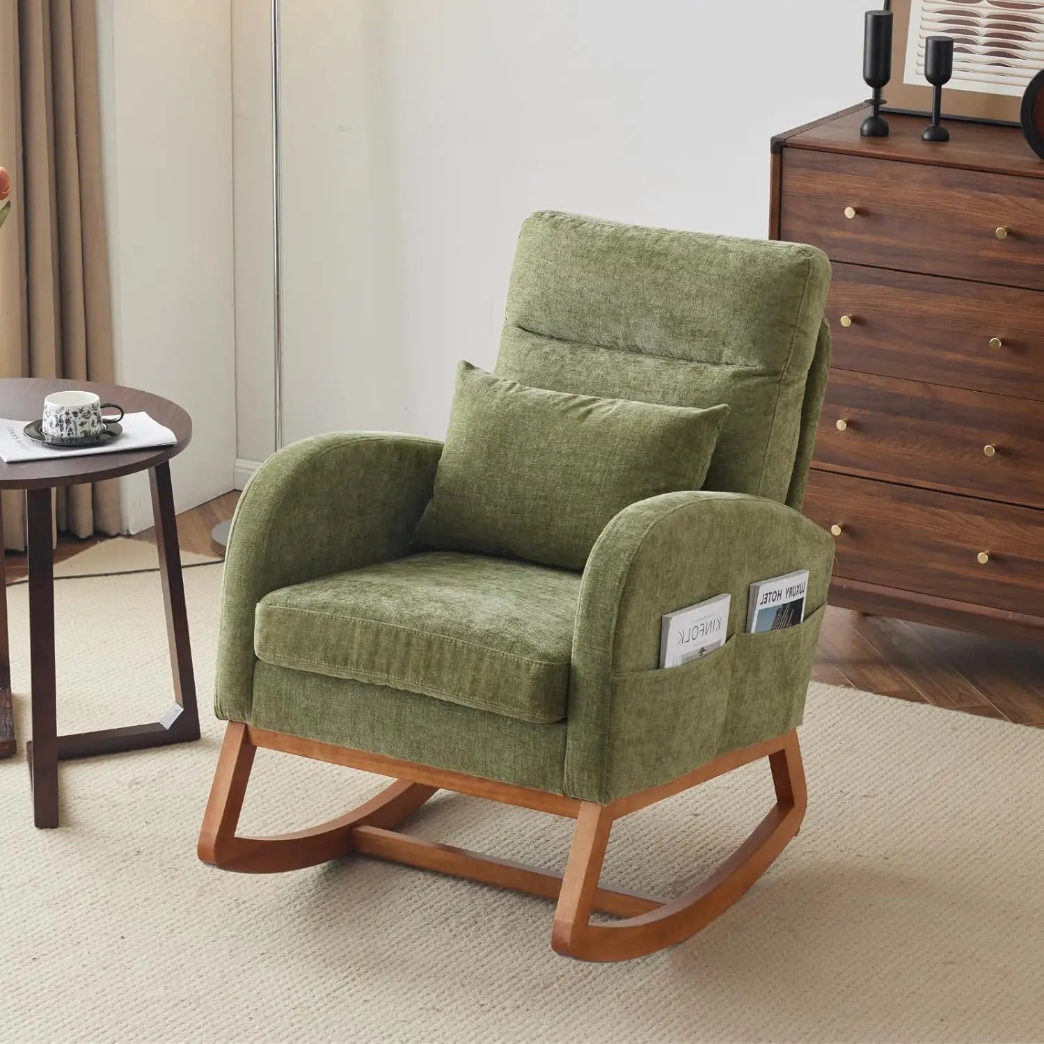 Olive Chenille Rocking Chair Nursery with Thick Headrest, Upholstered Mid-Century Modern Nursing Rocker