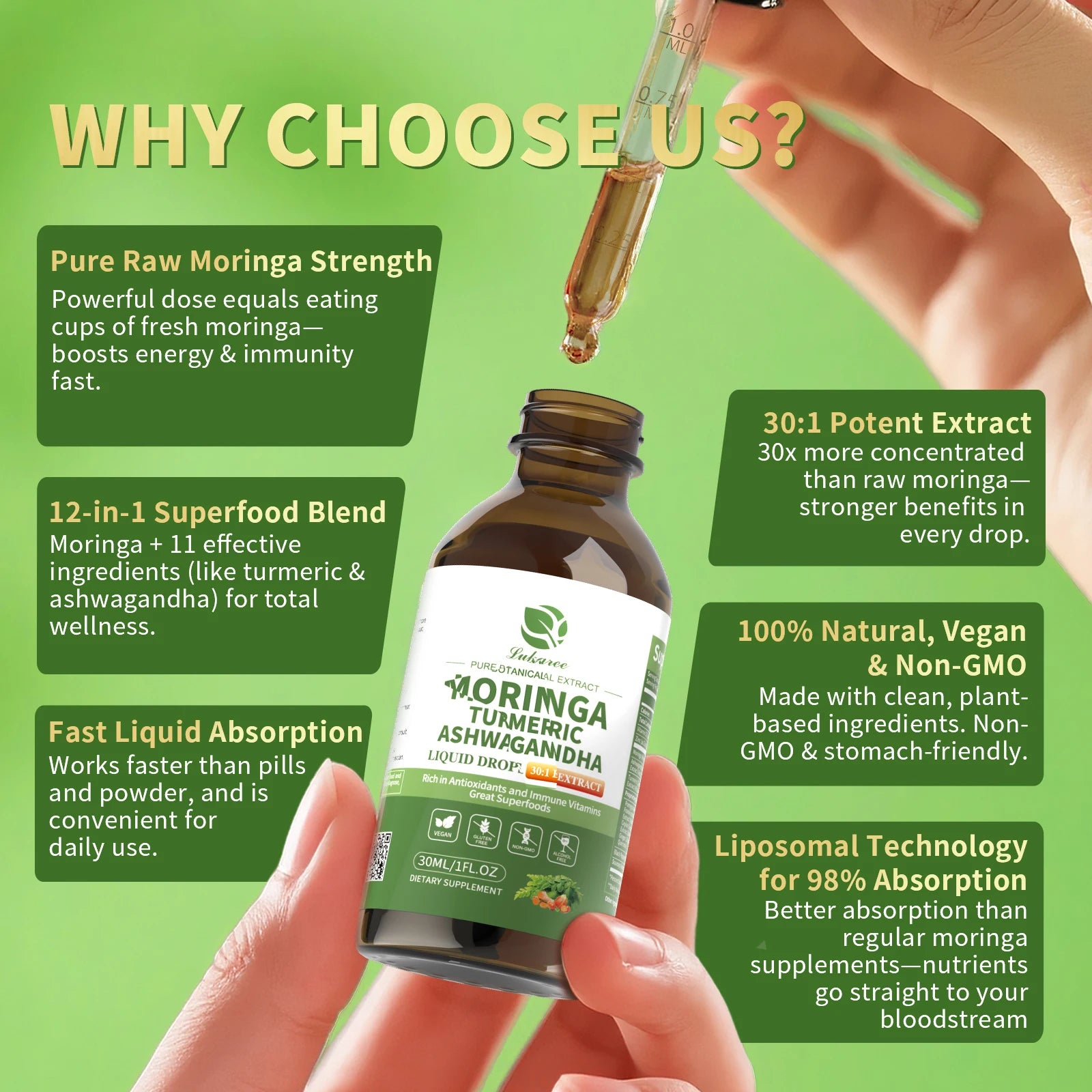 12-in-1 Organic Moringa Drops with Ashwagandha Turmeric Quercetin Vegan Non-GMO