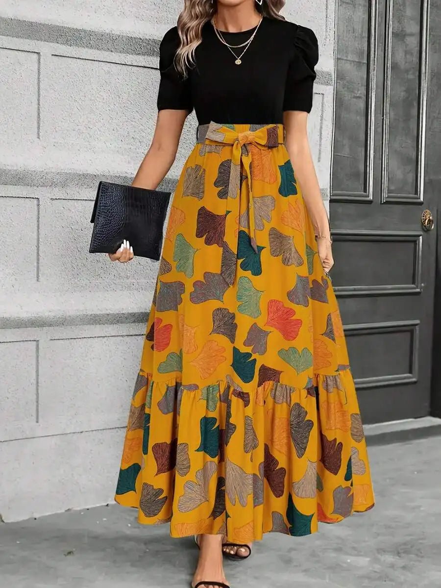 Elegant A-Line Dress with Puff Sleeves, Bow Waist, Leaf Print, Round Neck, Lightweight for Spring Summer