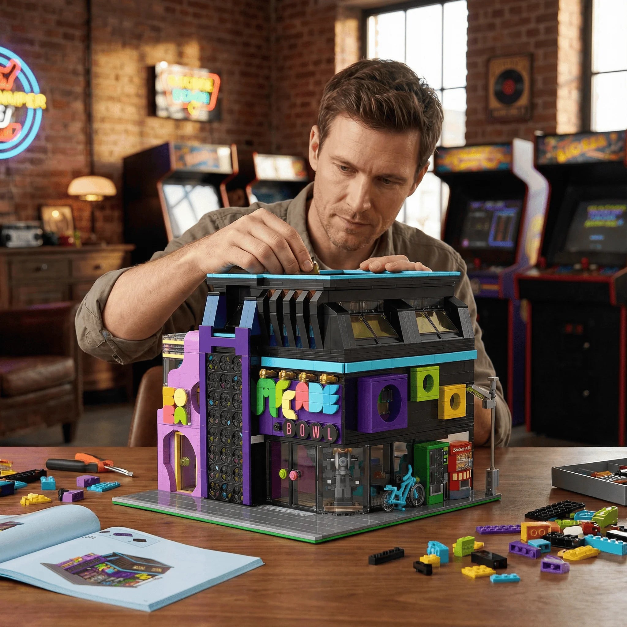 Arcade Room Cyberpunk Building With Lighting City Architecture Modular Building Blocks Assembly Model Kit 2600PCS