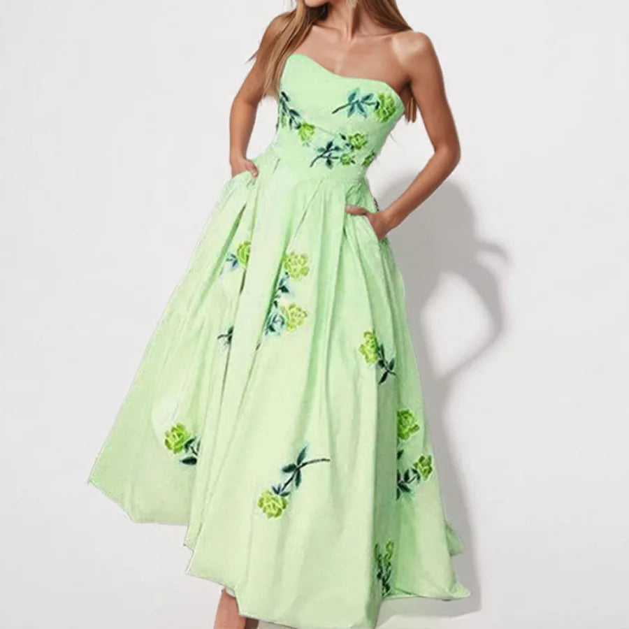 Sleeveless printed dress elegant high-waisted tube top dress long dress