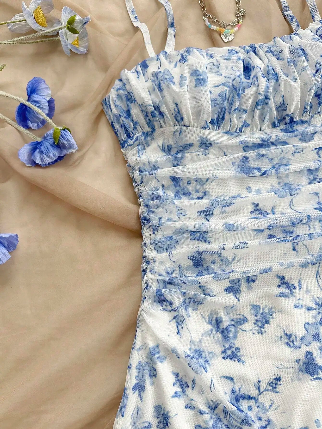 Blue and White Floral Print Ruched Strap Dress for Teen Girls, Summer Casual Style