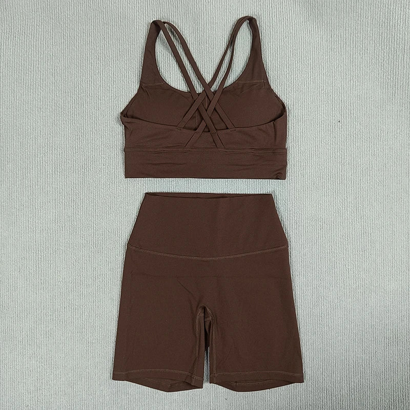 2-Piece Yoga Set Tights Shorts For Woman Cross Back Bra Top + High Waist Shorts Fitness Running Workout Tracksuit