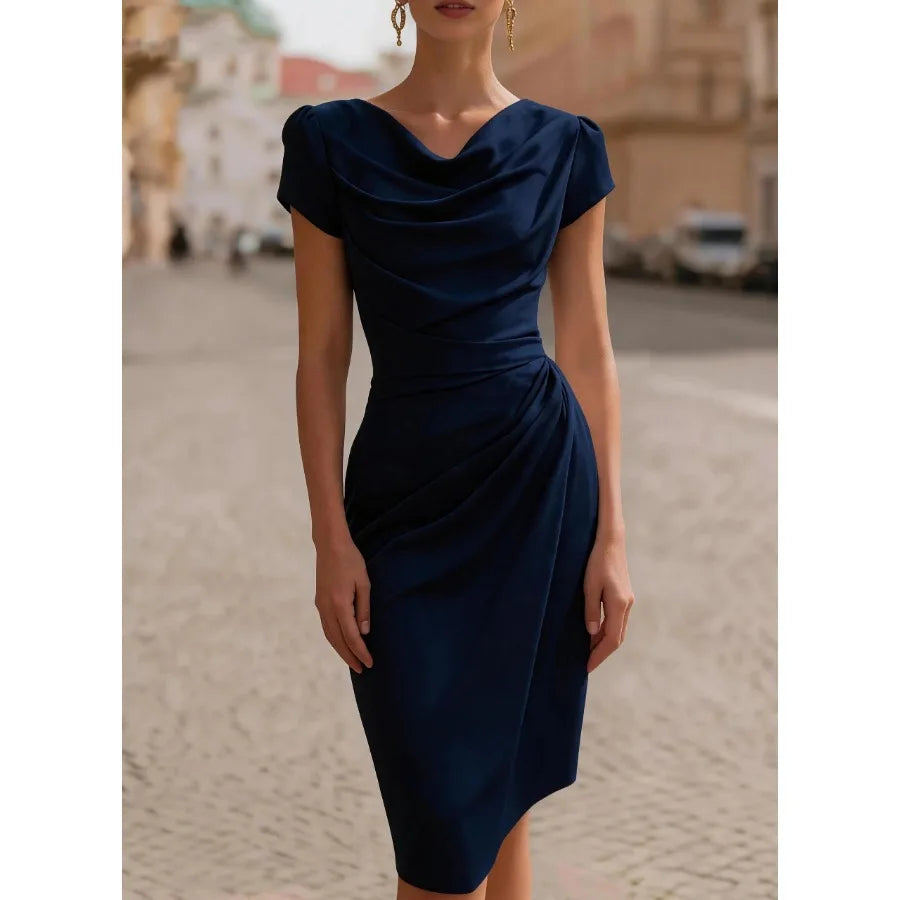 swing-collar design pleated dress, feminine temperament slim-fitting hip dress