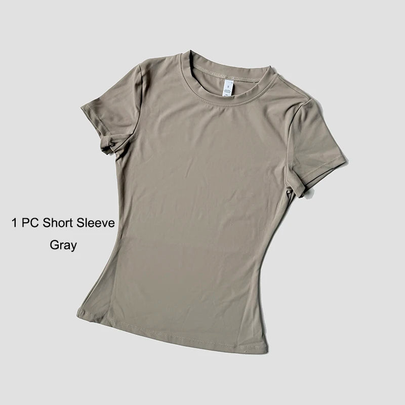 Women's Sports Yoga Set Seamless Knitted Fitness Gym Clothes Sportswear Short Sleeve Crop Top