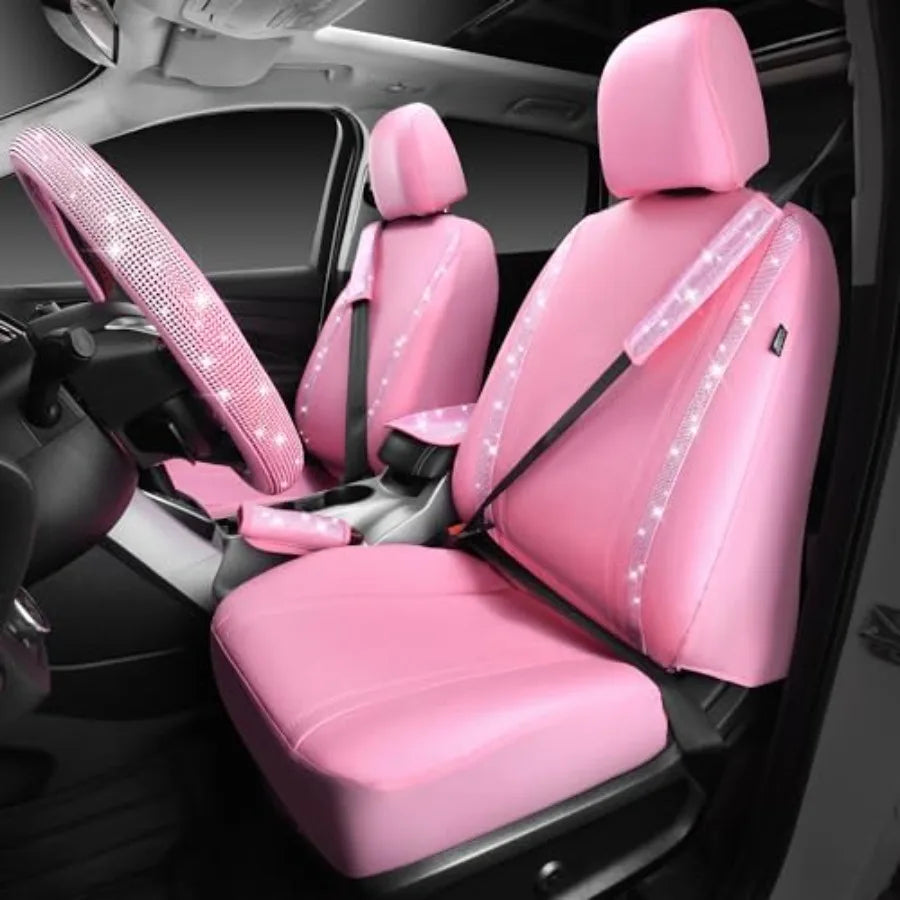 24 PCS Pink Bling Diamond Accessories Set for Women Leather Seat Covers 15'' Steering Wheel Cover Shining Rhinestone