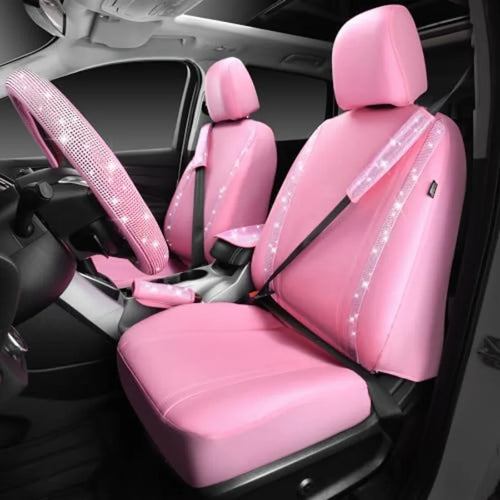 24 PCS Pink Bling Diamond Accessories Set for Women Leather Seat Covers 15'' Steering Wheel Cover Shining Rhinestone