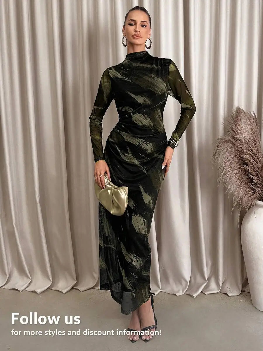 Women's Asymmetrical Ruched Mesh Knit Midi Dress with Gradient Print