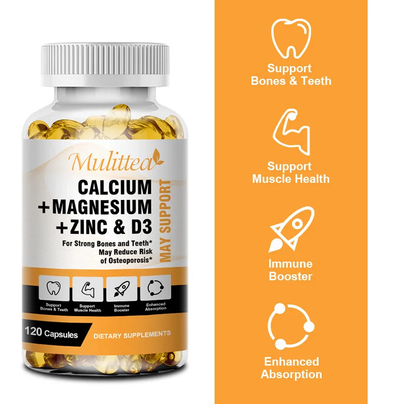 Calcium Magnesium Zinc Capsules with Vitamin D3 for Strong Bones & Nervous System Health & Promotes Cell Growth
