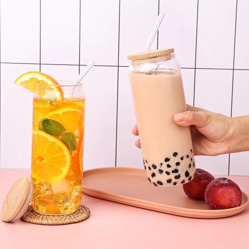 Drinking Glasses with Bamboo Lids and Glass Straws