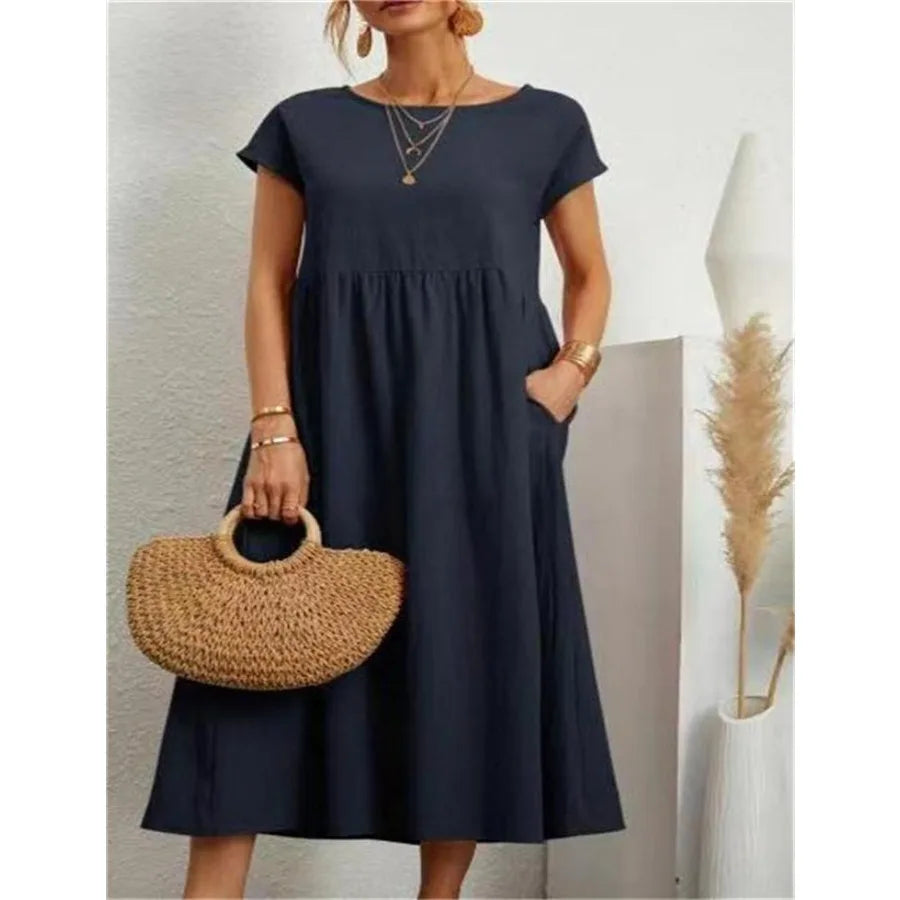 solid color sleeveless loose linen pocket women's dress in stock