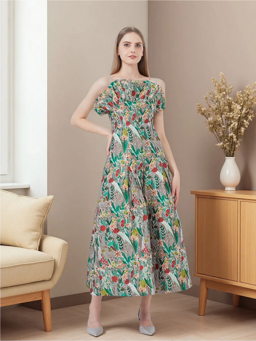 French Retro One-Shoulder Strapless Dress Floral Meadow Jacquard Waist-Defined Flared Long Dress Light