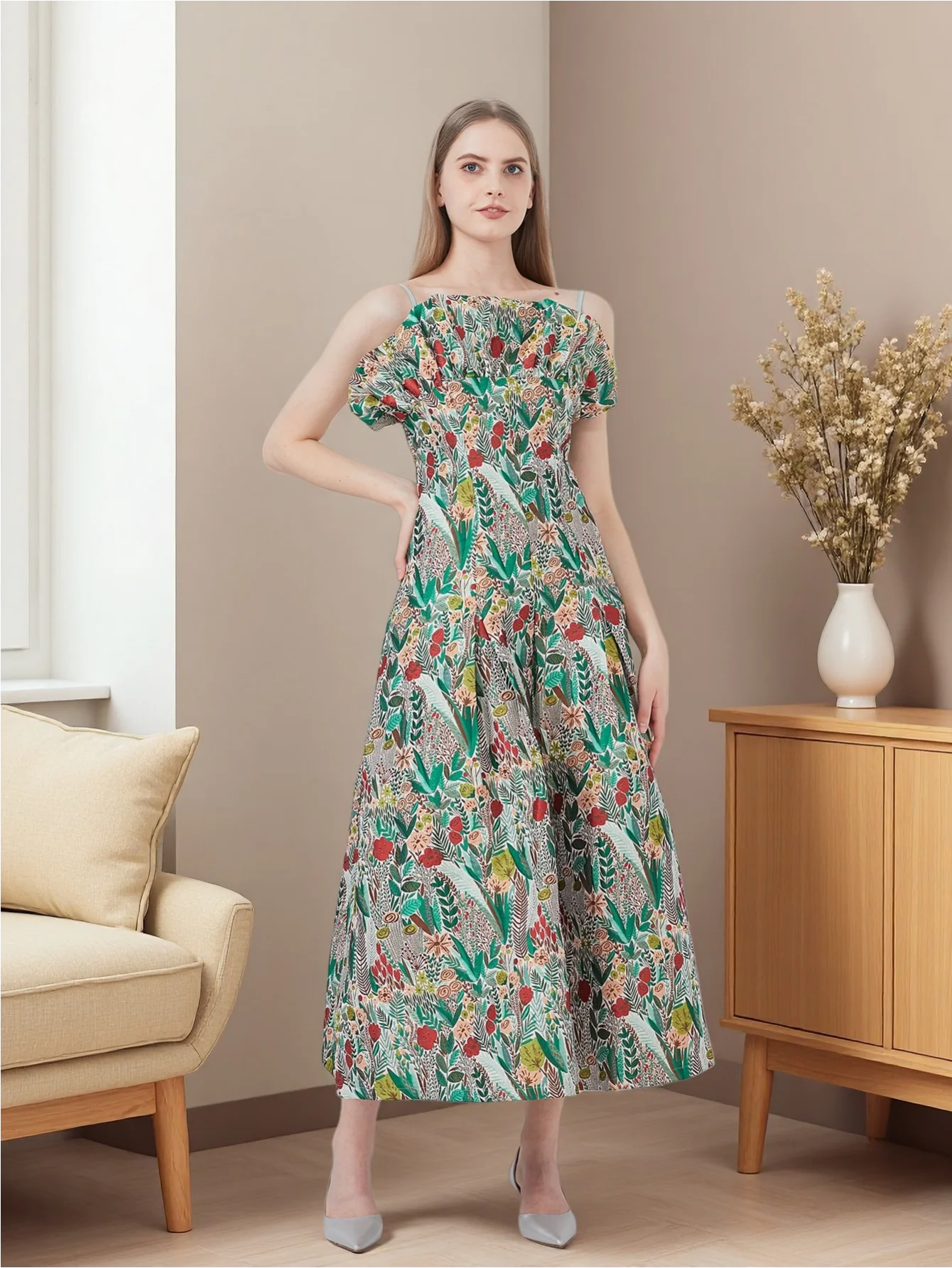 French Retro One-Shoulder Strapless Dress Floral Meadow Jacquard Waist-Defined Flared Long Dress Light