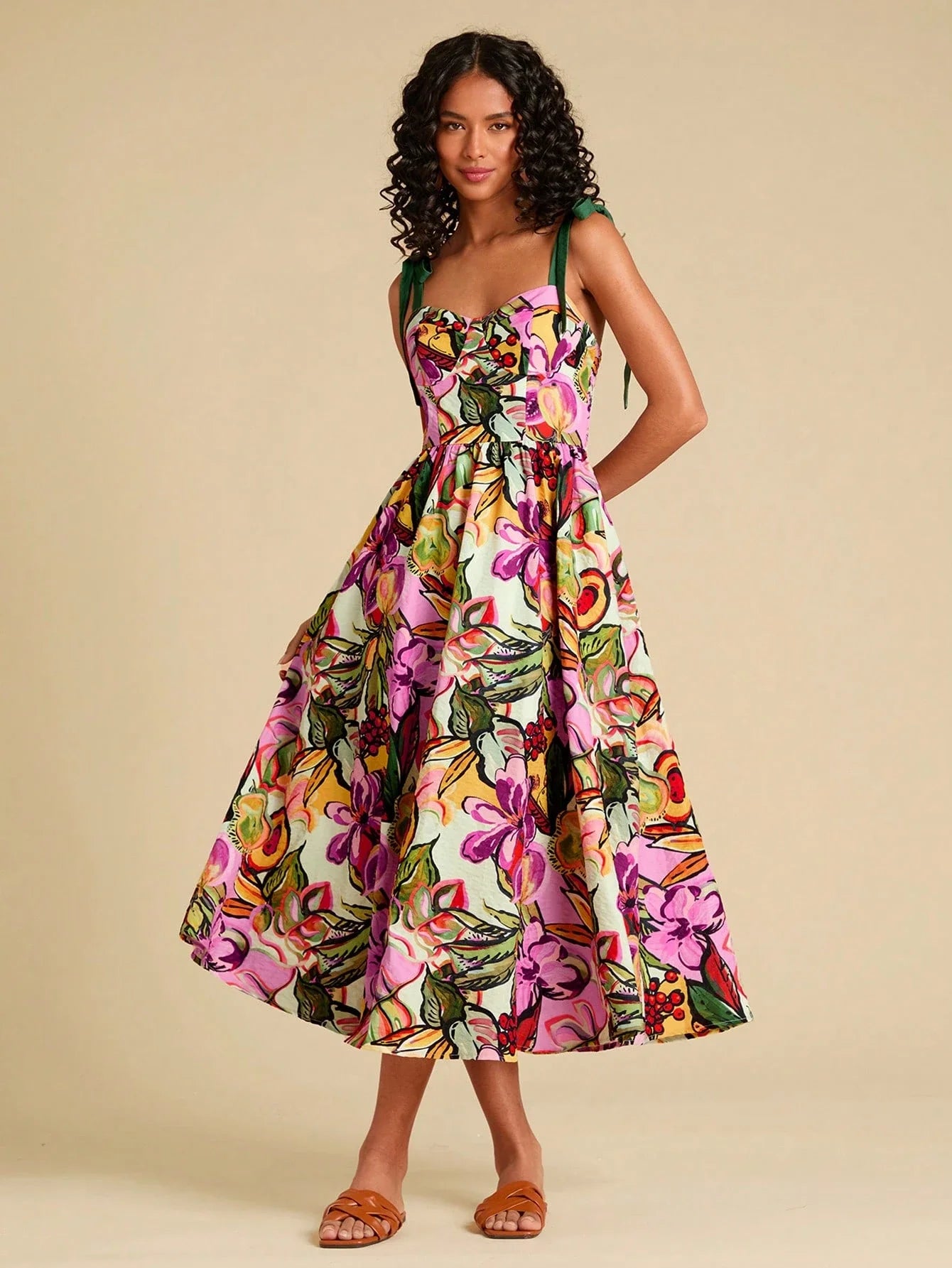 Floral Print Spaghetti Strap Midi Dress For Women Bohemian Beach Style
