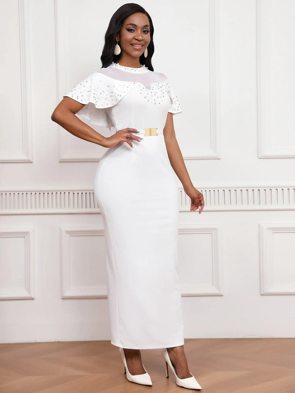 Fashion Elastic Banquet Elegant Dress with Beaded Tulle Shawl Sleeves, Belted, Slim-Fitting, and Pencil Long Skirt