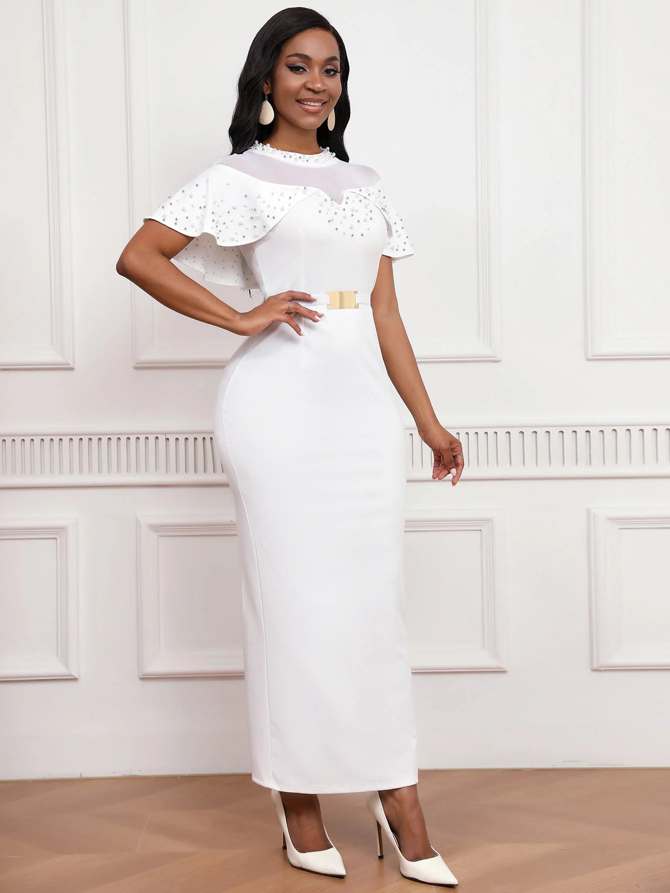 Fashion Elastic Banquet Elegant Dress with Beaded Tulle Shawl Sleeves, Belted, Slim-Fitting, and Pencil Long Skirt