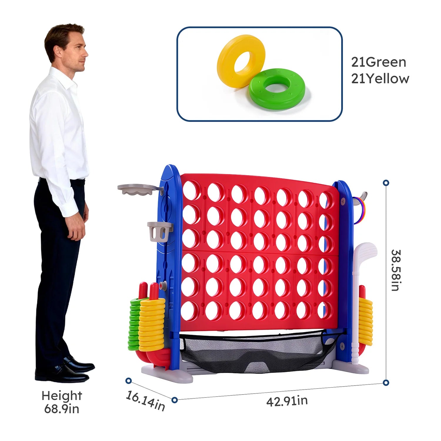 4-in-1 Giant Connect Game Set Adjustable Height, Basketball Hoop, Ring Toss and Net Jumbo Outdoor