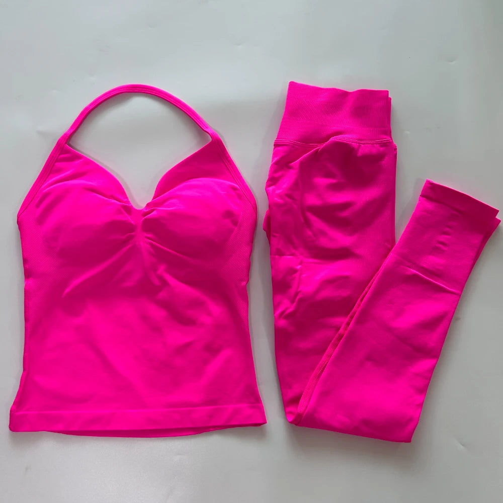 No Logo Seamless Gym Set Women Tank Tops High Waist Yoga Leggings Fitness Clothes Workout Sets Gym Suit Activewear