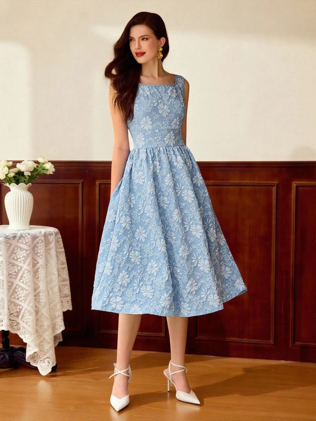 Light Blue Floral Textured Sleeveless Square Neck A-Line Midi Dress With Pockets