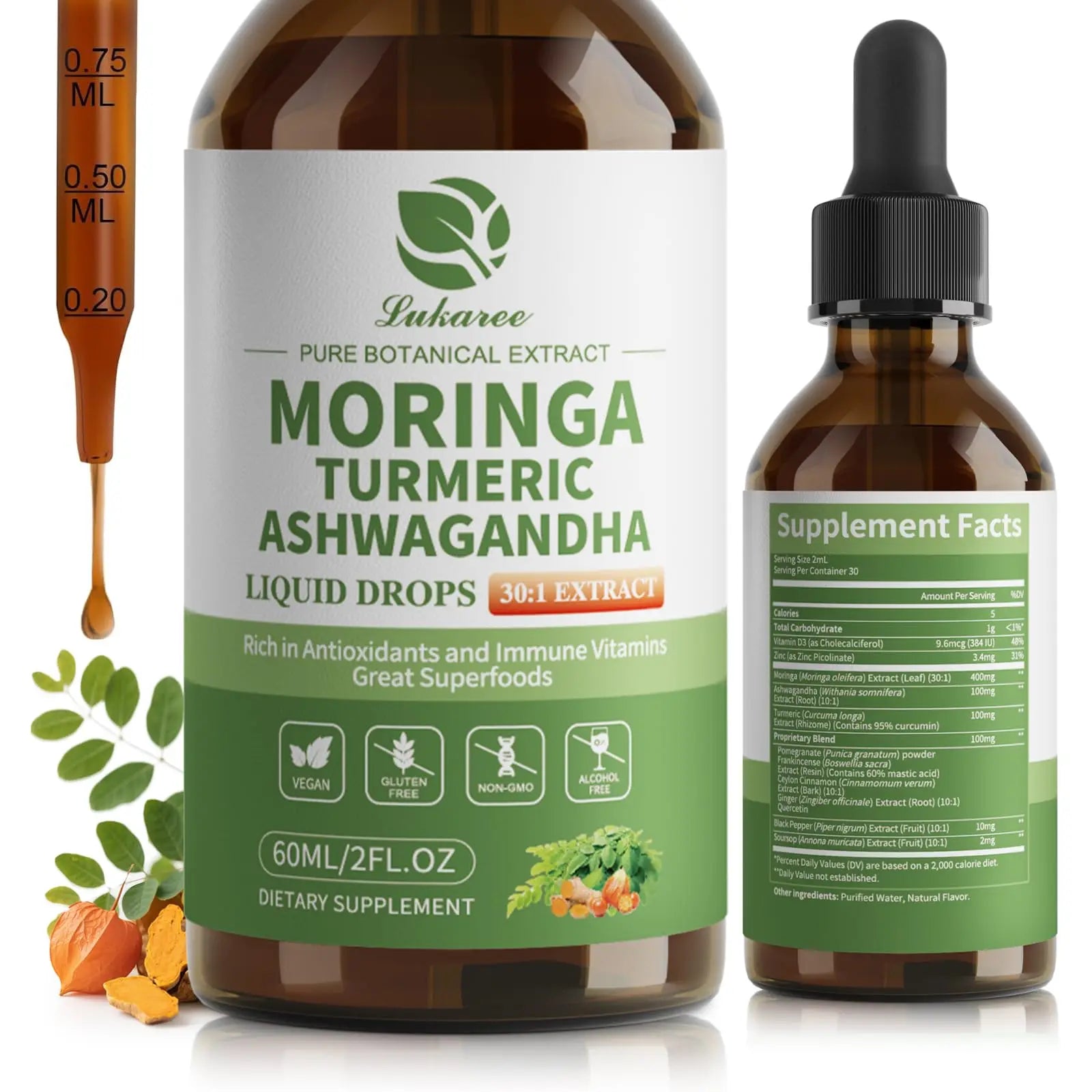 12-in-1 Organic Moringa Drops with Ashwagandha Turmeric Quercetin Vegan Non-GMO