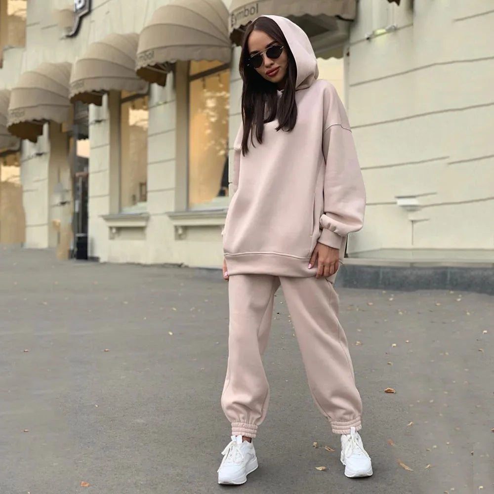 Women Fleece Two Piece Sets Elegant Solid Color Oversized Warm Hoodies and Long Pant