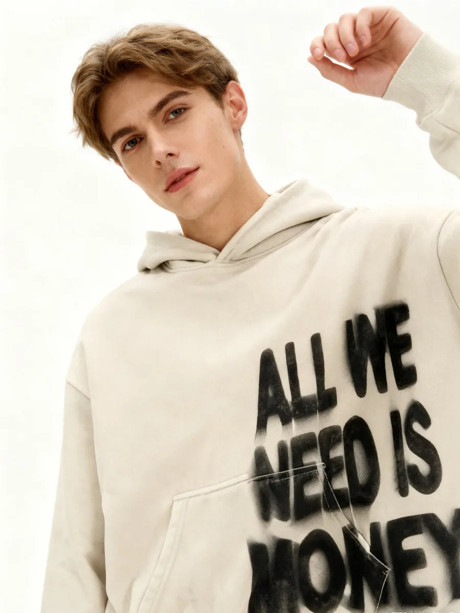 Pink Hoodies All We Need Is Money Letter Print Y2K Loose Hip Hop Street Hooded Sweatshirt Unisex