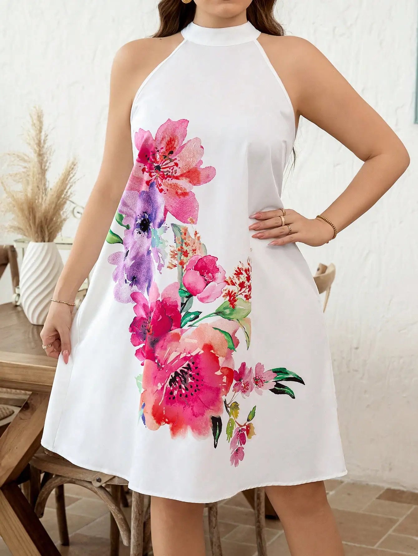 Plus Size Red Tropical Floral Print Halter Neck A-Line Dress For Summer