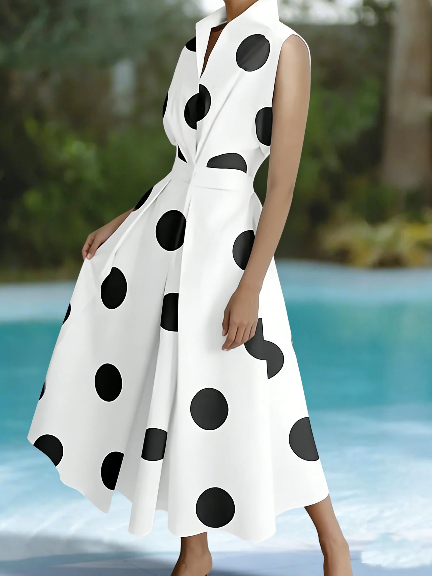 White Black Big Polka Dot Sleeveless Shirt Collar Cutout Waist Flared Maxi Dress Retro Elegant Style