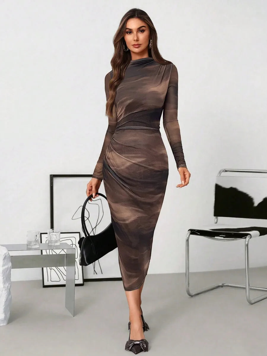Women's Asymmetrical Ruched Mesh Knit Midi Dress with Gradient Print