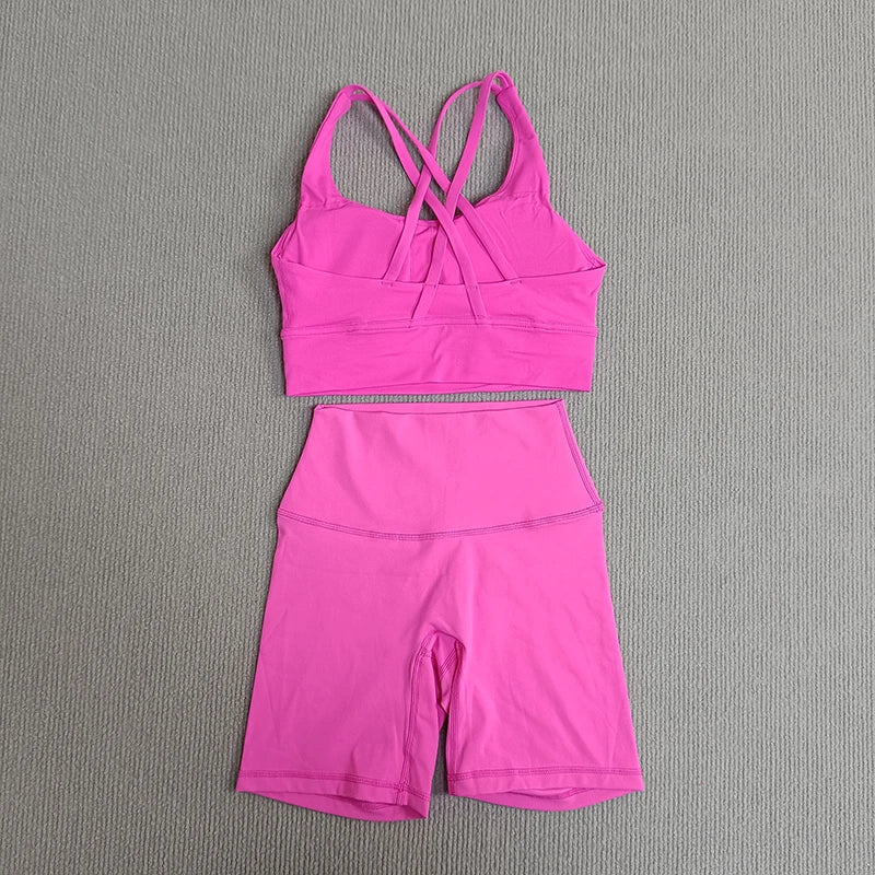 2-Piece Yoga Set Tights Shorts For Woman Cross Back Bra Top + High Waist Shorts Fitness Running Workout Tracksuit