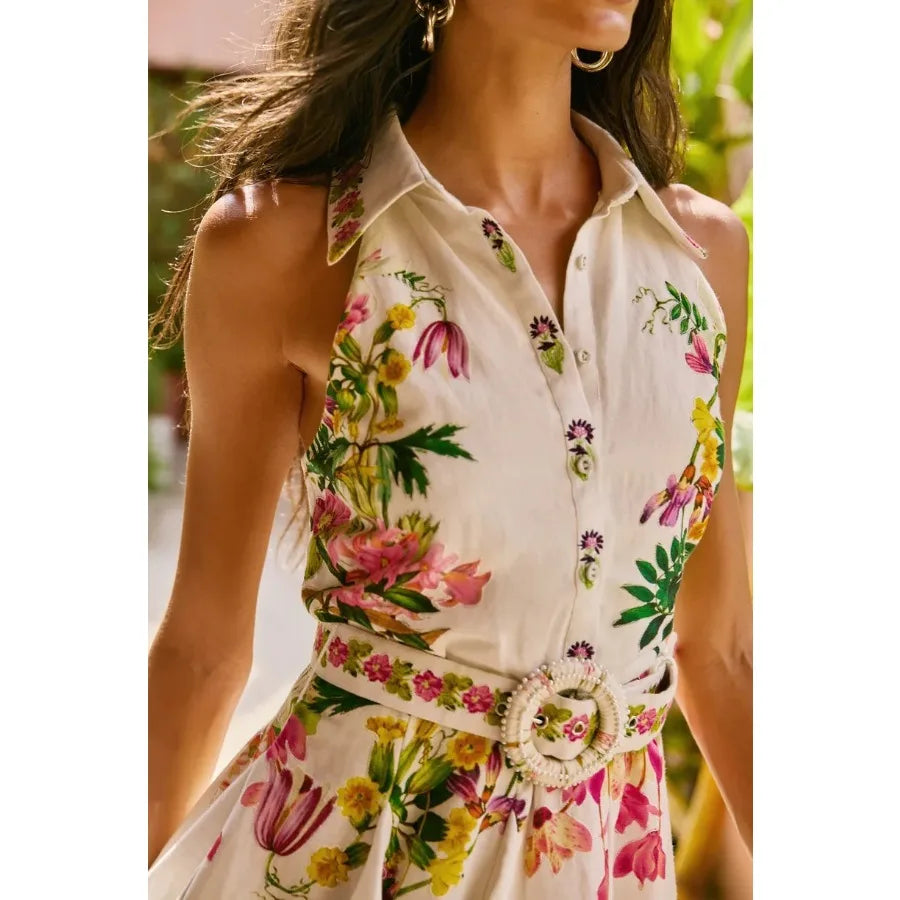 Europe and America -Hawaii fashion summer vacation print sexy sleeveless cardigan flower women's shirt dress