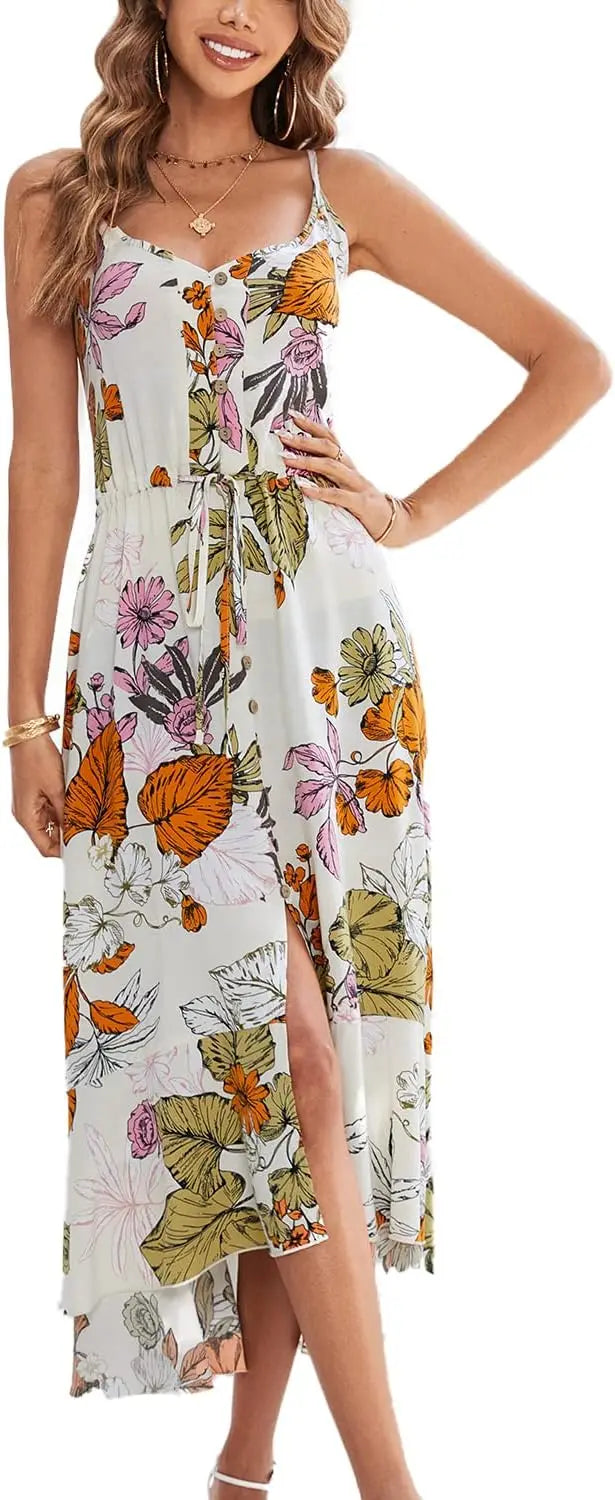 Boho SundrPolka Dot Spaghetti Strap V Neck Flowy Midi Dresses