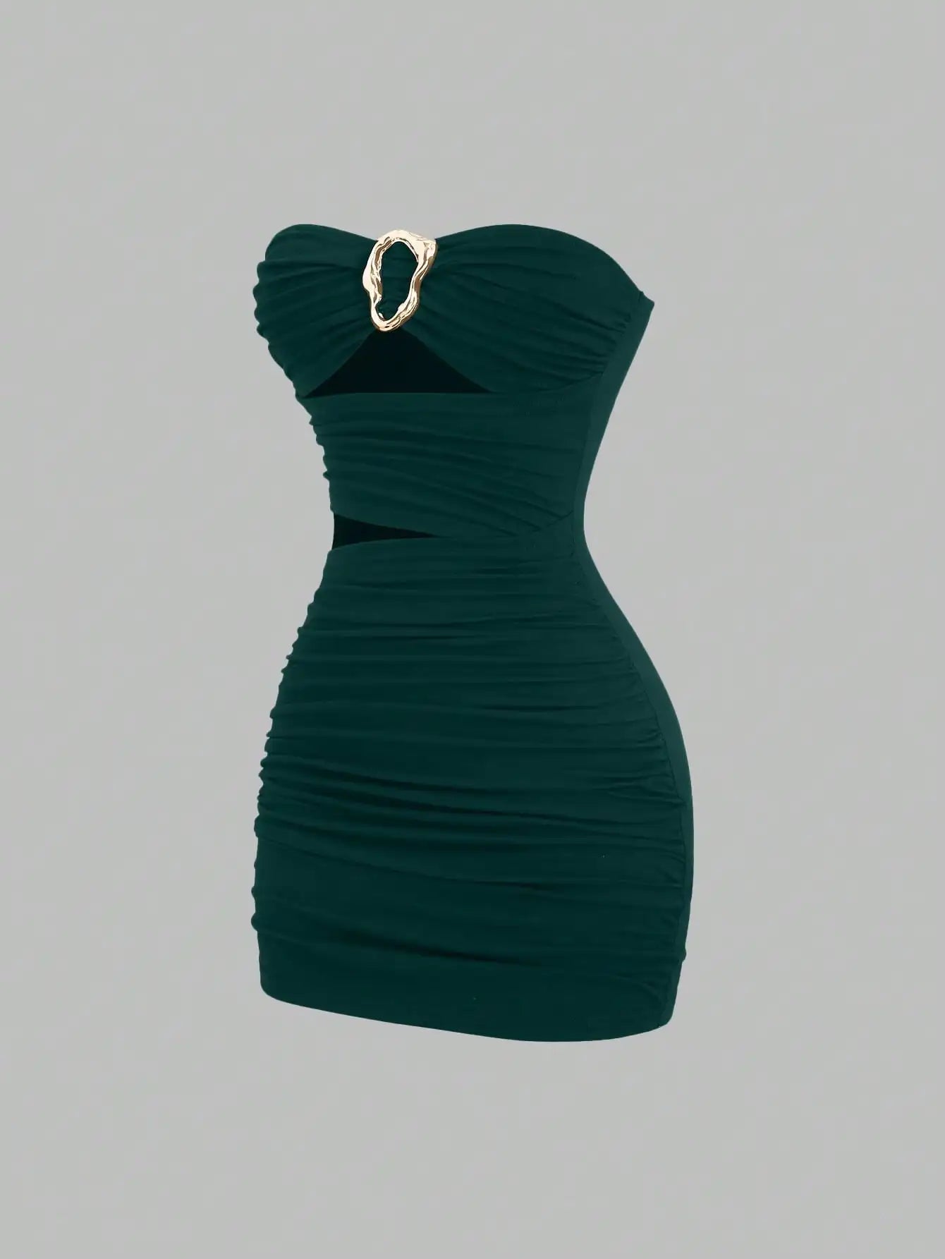 Ruched Strapless Mini Dress With Cutout Waist And Ornamental Metal Ring