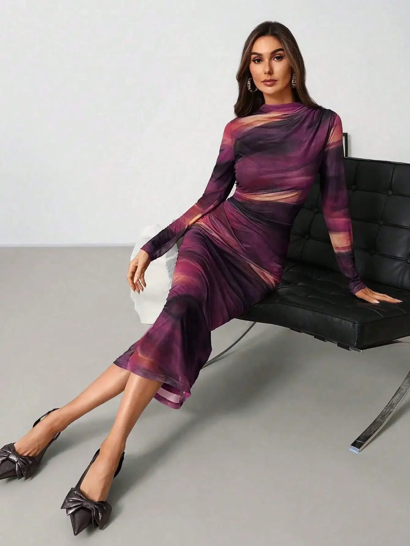 Women's Asymmetrical Ruched Mesh Knit Midi Dress with Gradient Print