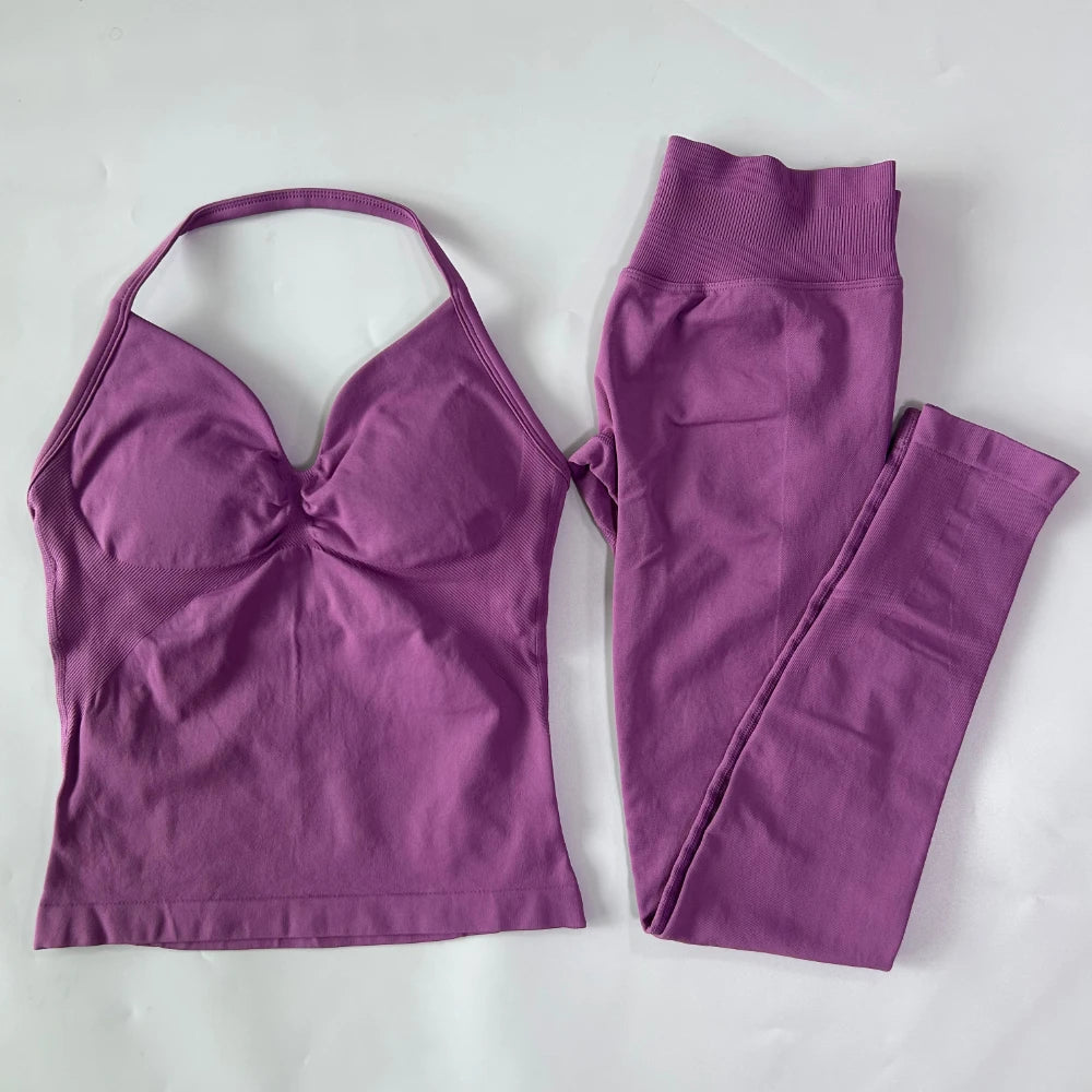 No Logo Seamless Gym Set Women Tank Tops High Waist Yoga Leggings Fitness Clothes Workout Sets Gym Suit Activewear