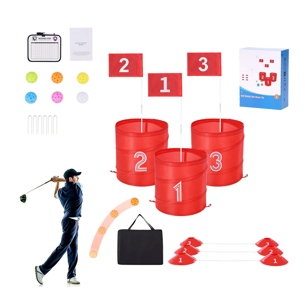SucceBuy 3/6/9 Hole Kids Backyard Golf Game Portable Bucket Golf Course Practice Chipping Games