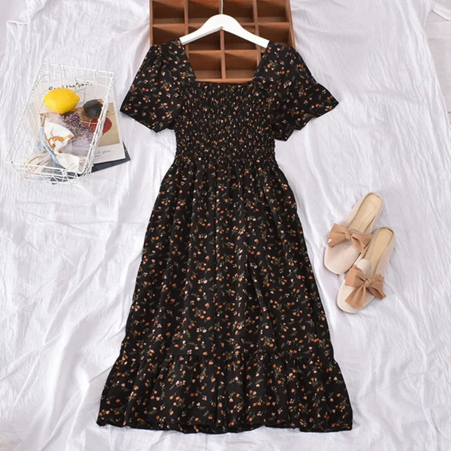 retro square collar floral waist slimming flounce splicing dress