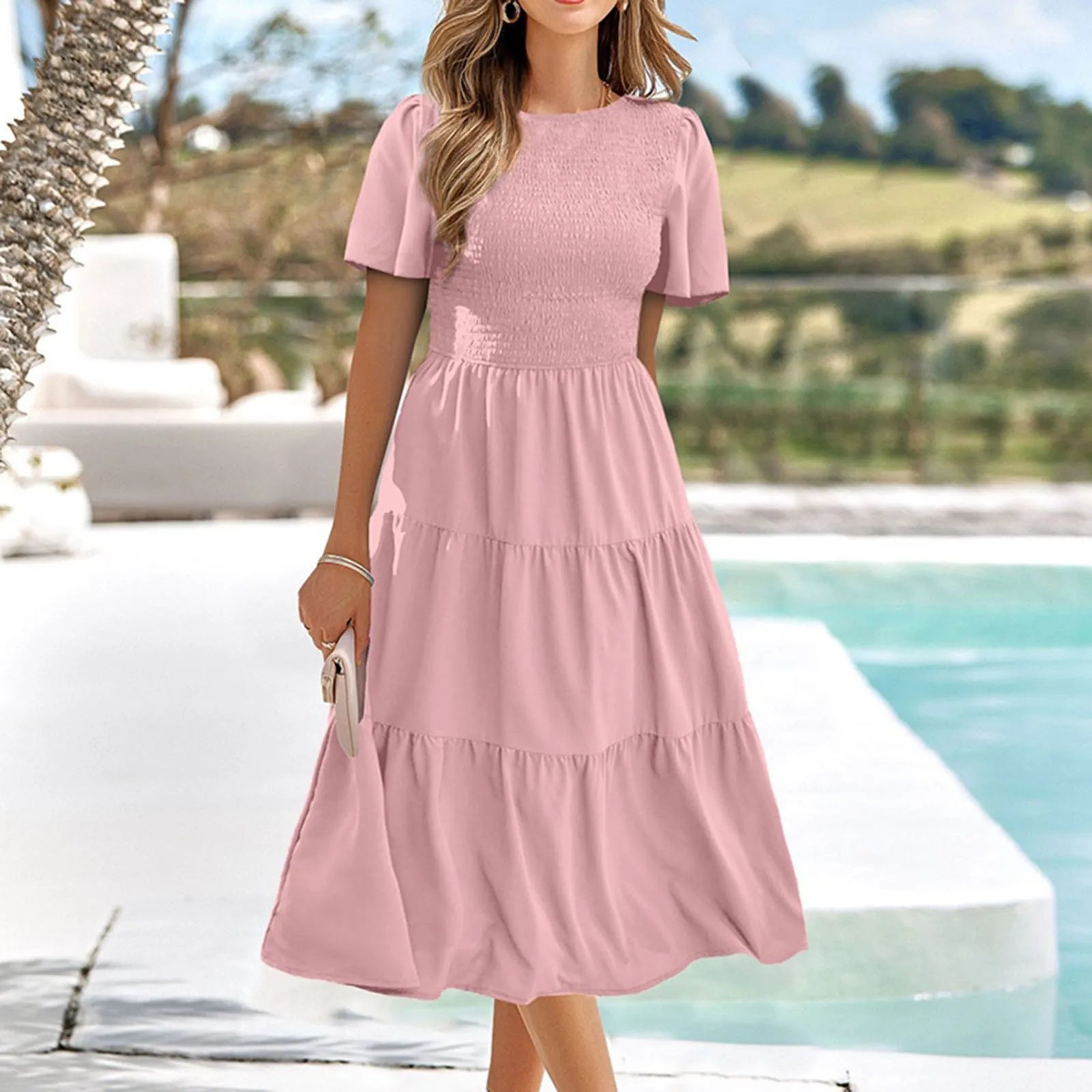 Flutter Short Sleeve V Neck Smocked Elastic Waist Tiered Midi Dress