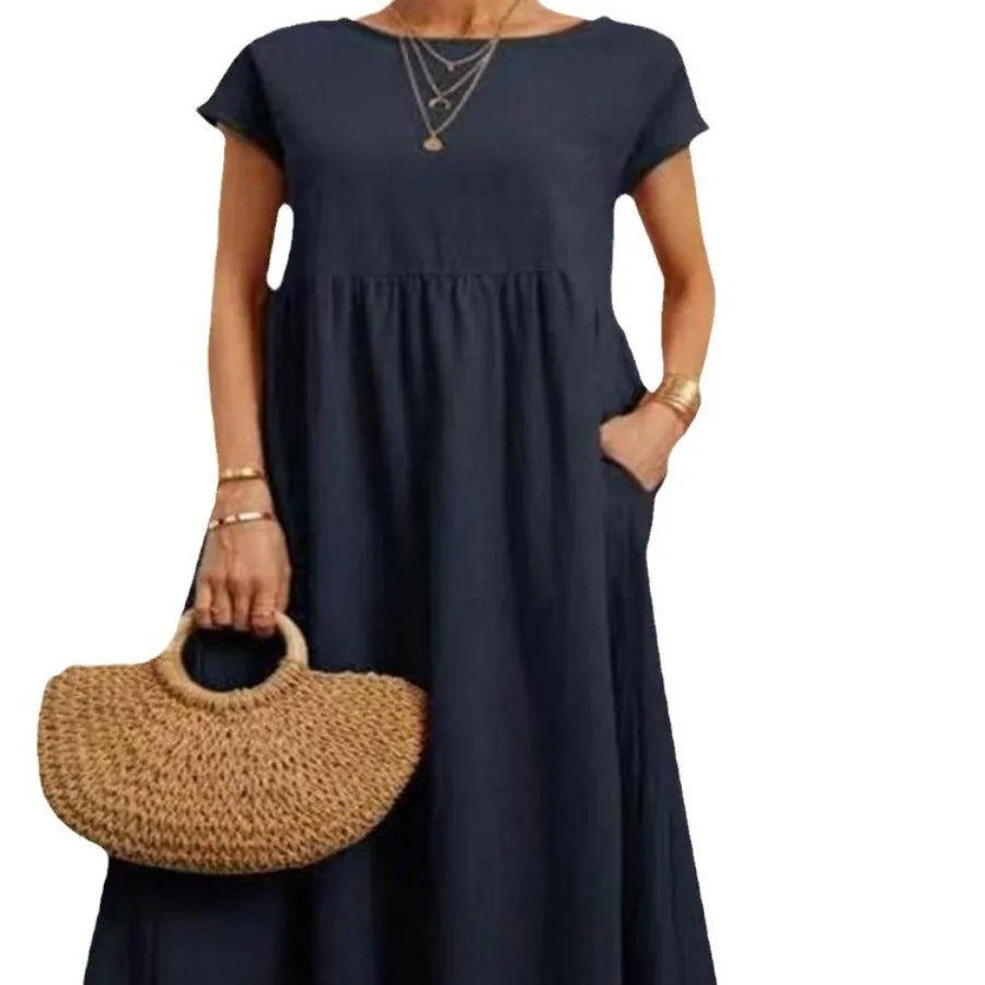 solid color sleeveless loose linen pocket women's dress in stock