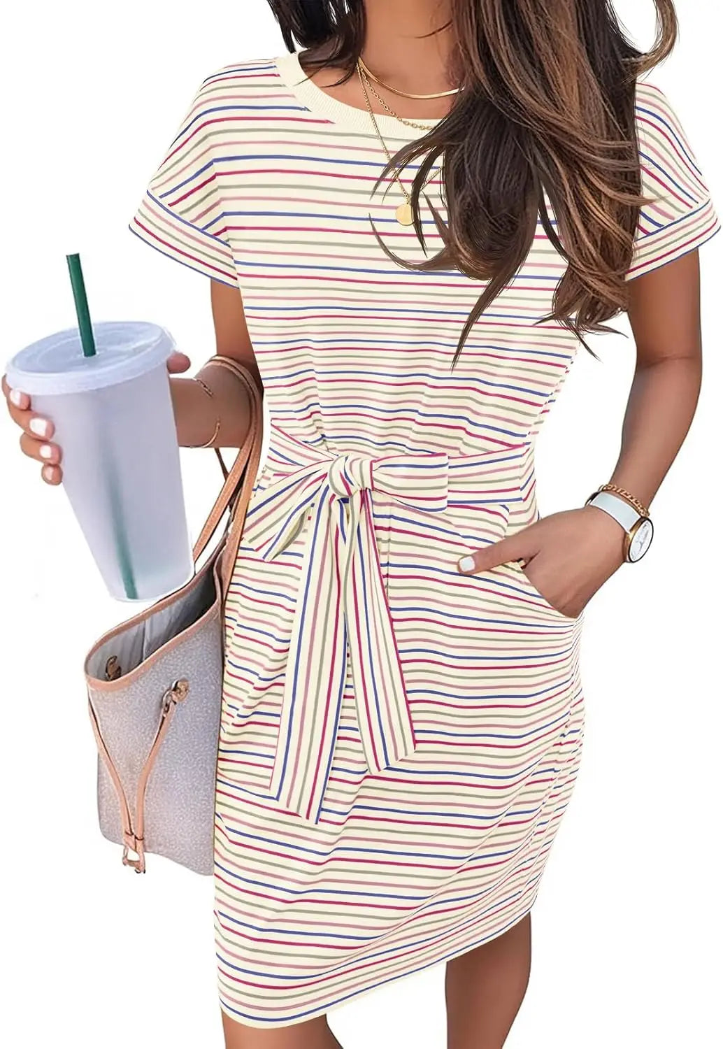 Casual T Shirt DrShort Sleeve Striped Tie Waist Work Vacation Trendy Short Dresses