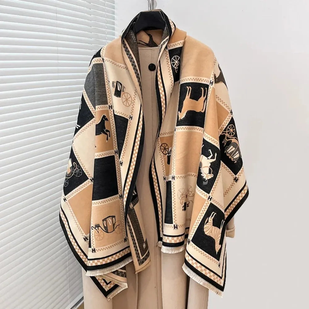 Poncho Cashmere Winter Women Scarf Horse Print Shawl Wrap