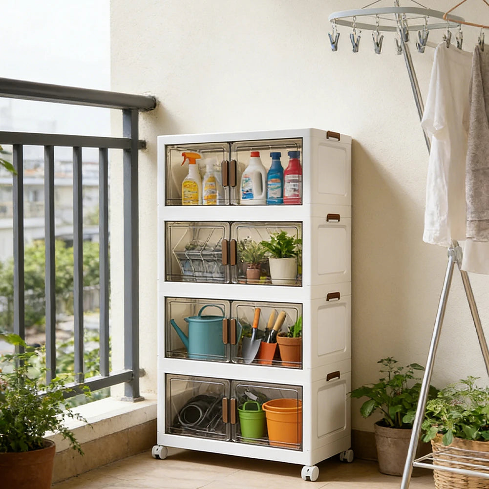 4 Tier Folding Storage Boxes with Doors & Wheels Plastic Storage Containers Foldable Organization
