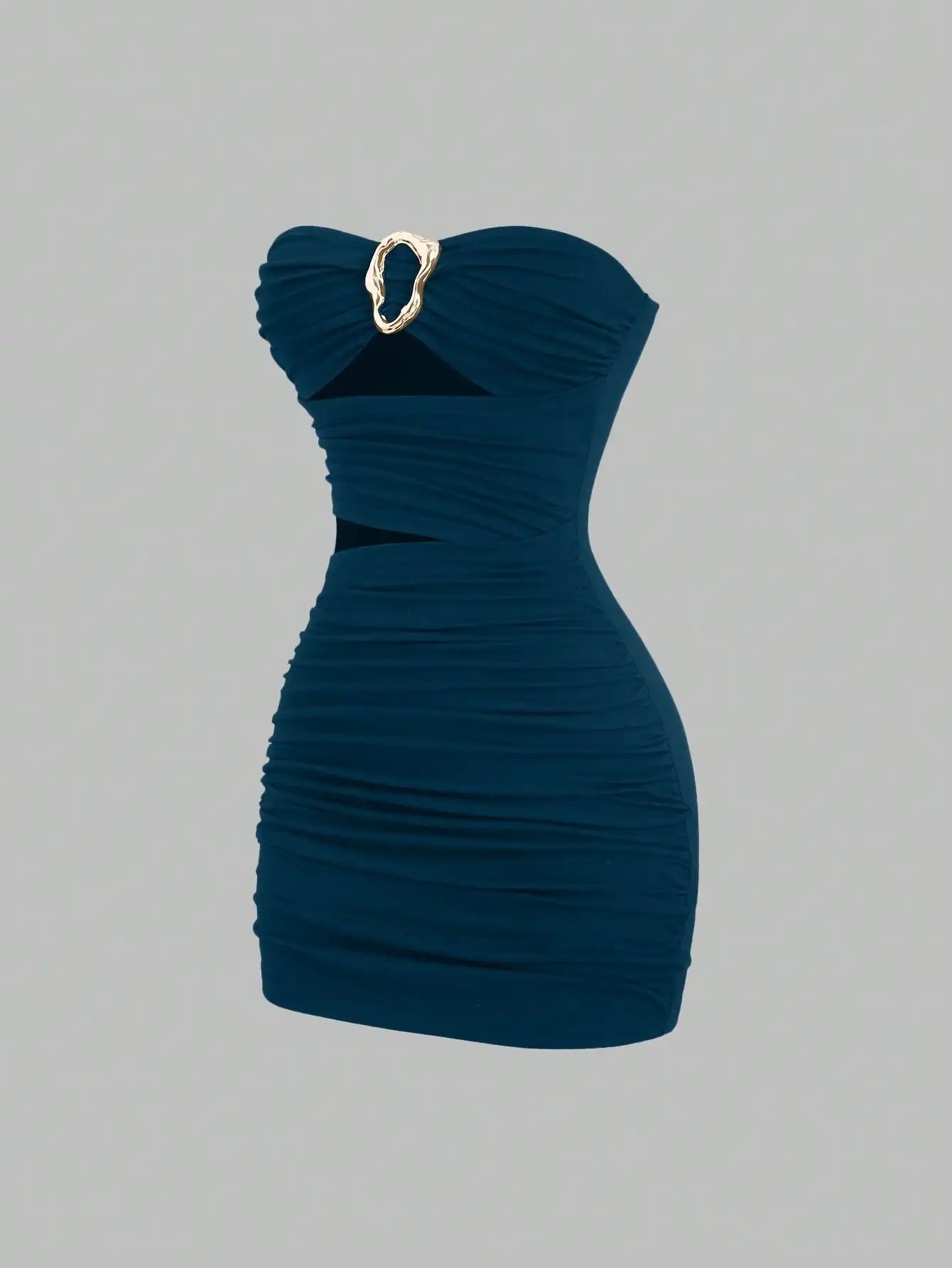 Ruched Strapless Mini Dress With Cutout Waist And Ornamental Metal Ring