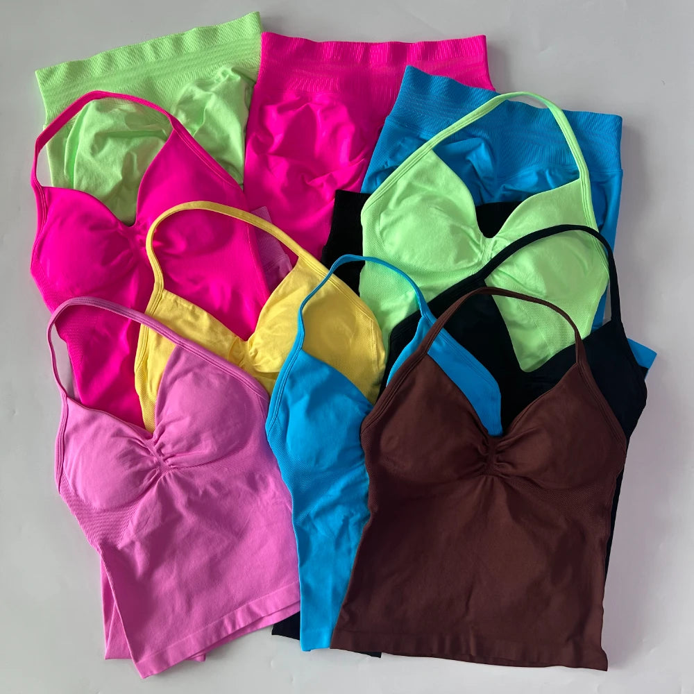 No Logo Seamless Gym Set Women Tank Tops High Waist Yoga Leggings Fitness Clothes Workout Sets Gym Suit Activewear
