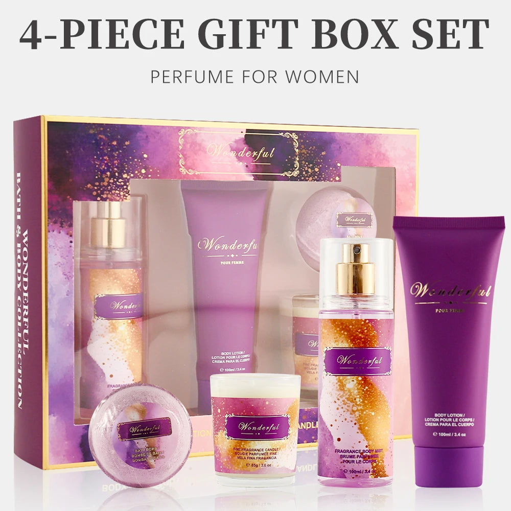 Women's Fragrance Sets 3.4fl.oz Body Mist, 3.4fl.oz Body Lotion, 3oz Candle and 2oz Bath Bomb 4 Pcs