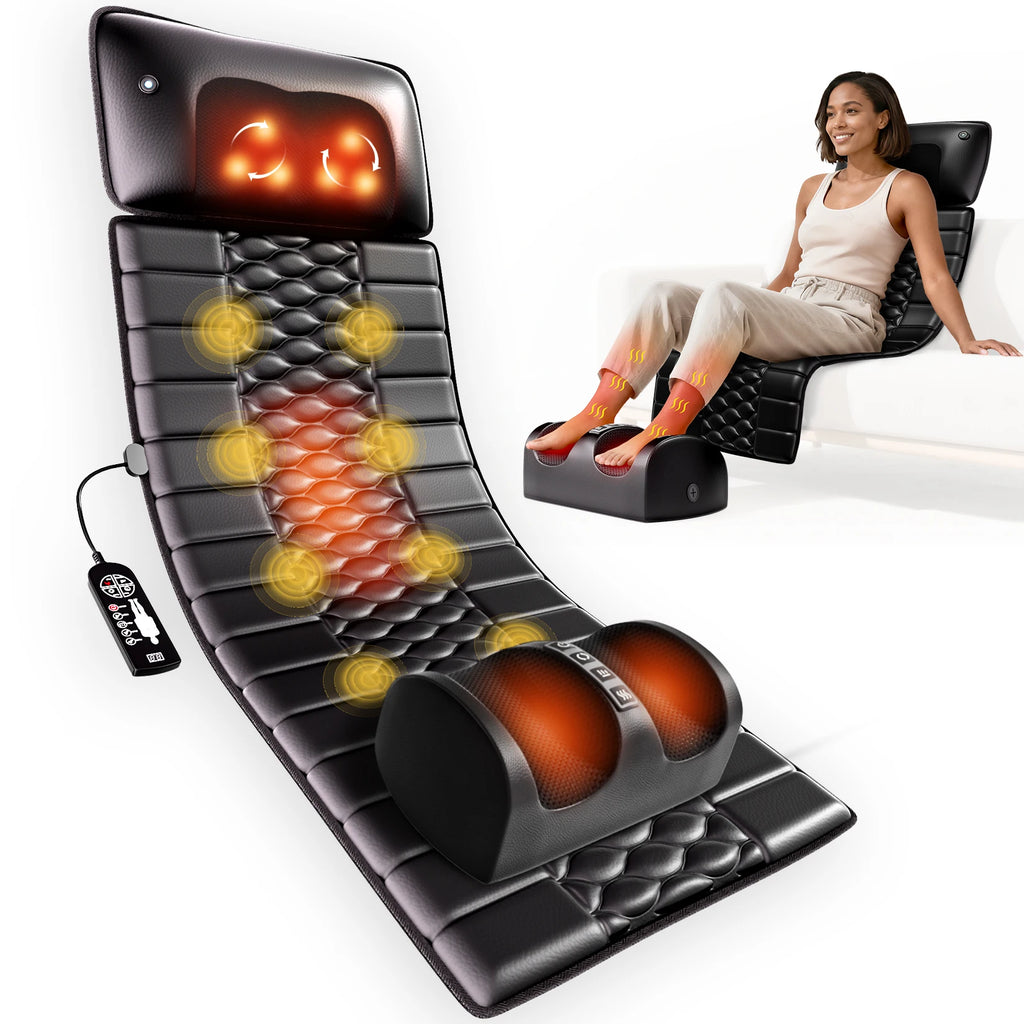 Shiatsu Full Body Massage Mat with Heat, Detachable Massager Pad, 10 Vibrating Motors, 9 Intensity Levels