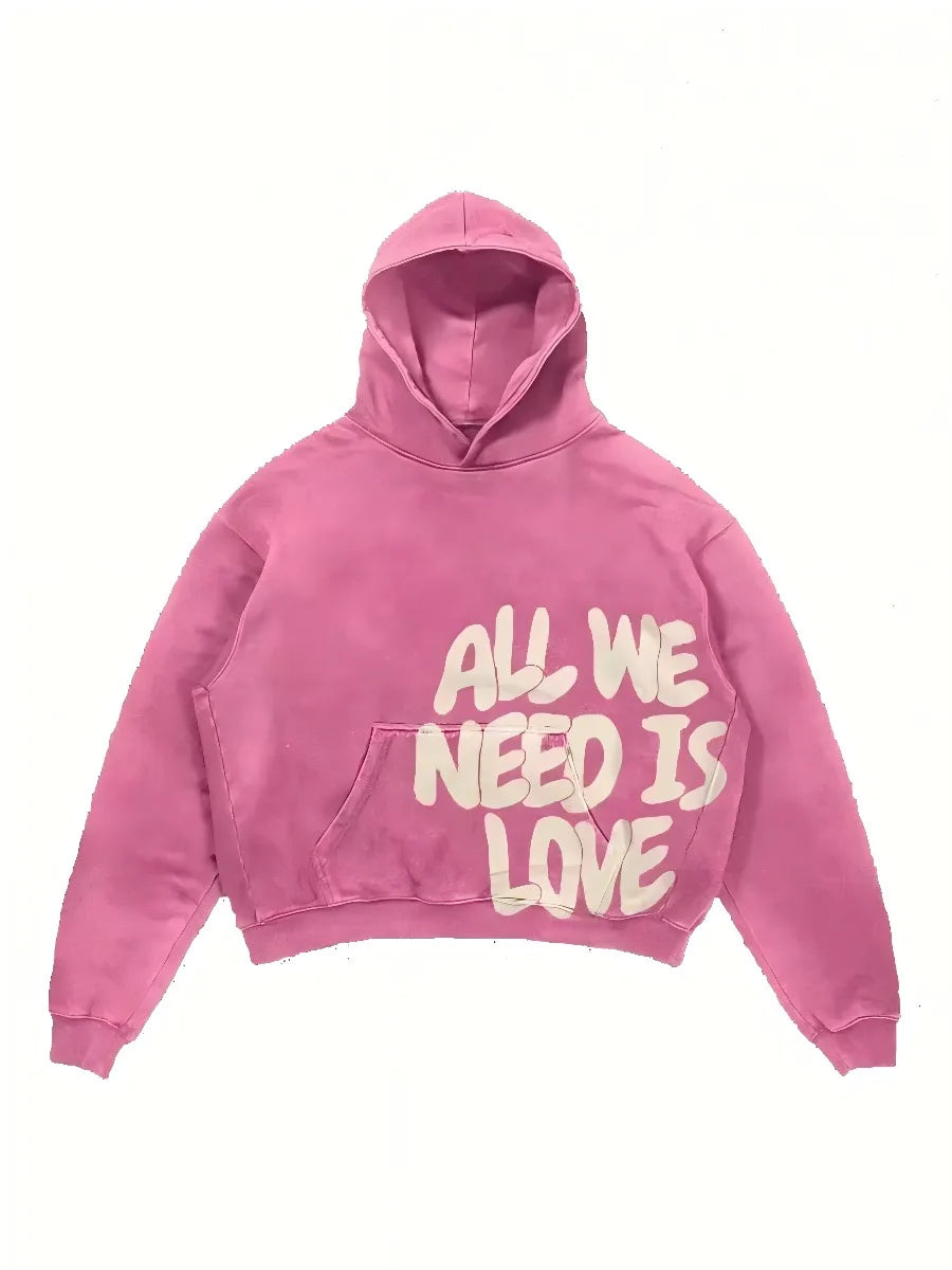 Pink Hoodies All We Need Is Money Letter Print Y2K Loose Hip Hop Street Hooded Sweatshirt Unisex