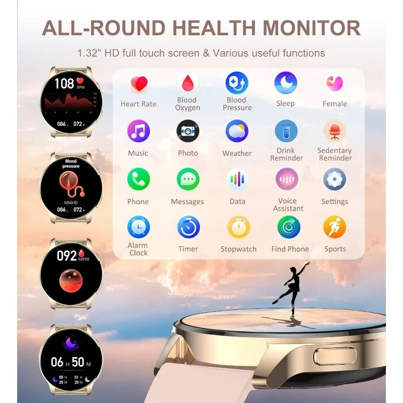 Smart Watch, Fitness Tracker for Android and iOS Phones Waterproof Smartwatch with 1.32" HD Full